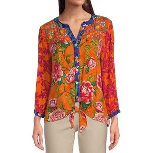 New John Mark Floral Knotted Top V-neck Button Front Size 1X Plus Blouse Top